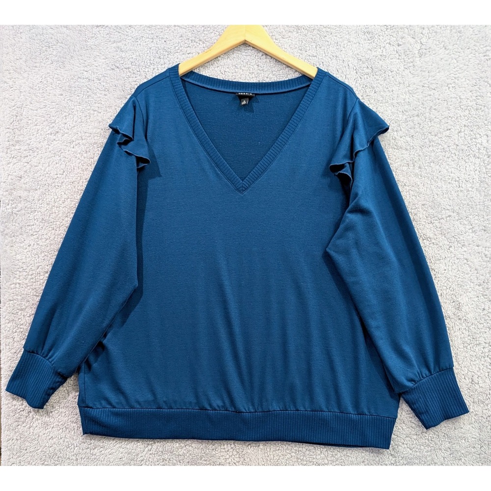 Torrid Top Women's 3 (3X) Teal V-Neck Ruffle‎ Long Sleeve Stretch Knit Shirt